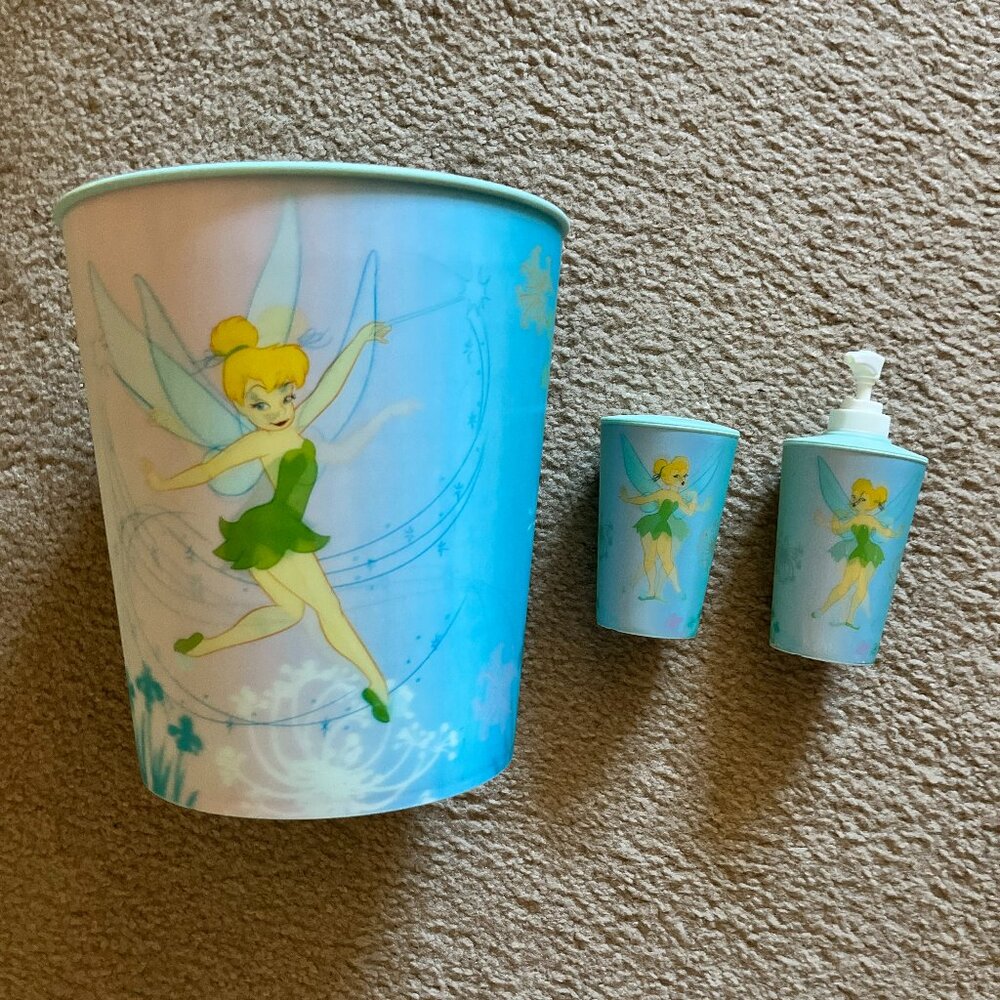 Disney Tinkerbell Lenticular Bathroom Set Trash Can Toothbrush Holder Rinse Cup